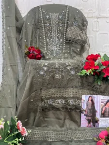 Elan Festive Chiffon Embroidered Salwar Kameez - Olive Green