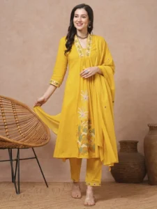 Rani Yellow Embroidered Ram Boota Kurta and Pant Set with Dupatta
