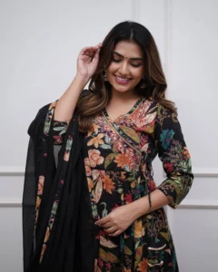 Black Colour Pure Cotton Anarkali Kurta And Pant With Dupatta For Women