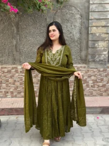 COTTON ANAKALI BHANDEJ PRINTED KURTA AND PANT WITH DUPATTA FOR WOMEN
