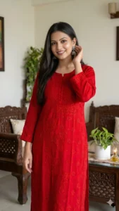 Red Chikankari Kurti Set With Dupatta For Women
