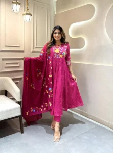 Pink Cotton Beautiful Embroidery Work With Sequence Heavy Suit Set For Women