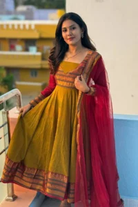 Olive Mustard Vichitra Silk Jacquard Woven Anarkali Kurta With Soft Net Dupatta For Women
