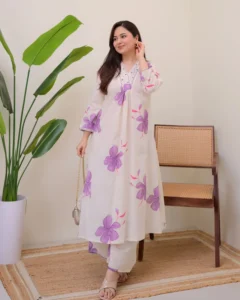 White Mist Cotton A Line Kurta Palazzo Set For Women