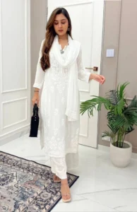 Premium White Maslin embroidery Kurti set with palazzo and Dupatta